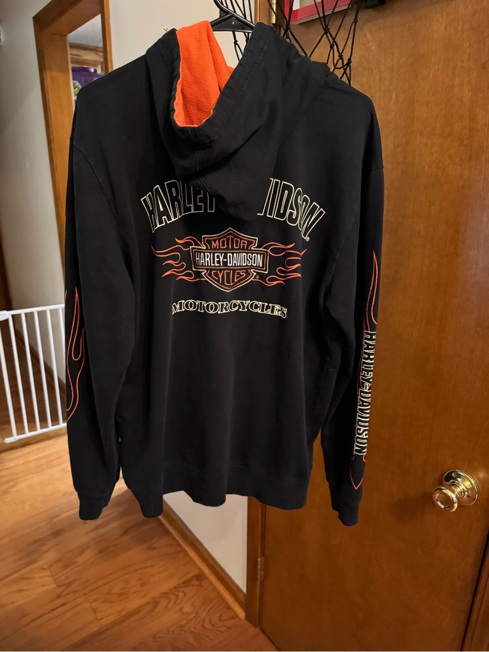 Harley-Davidson Black Hoodie with Orange Hood and Flame Sleeves - Picture 9 of 13